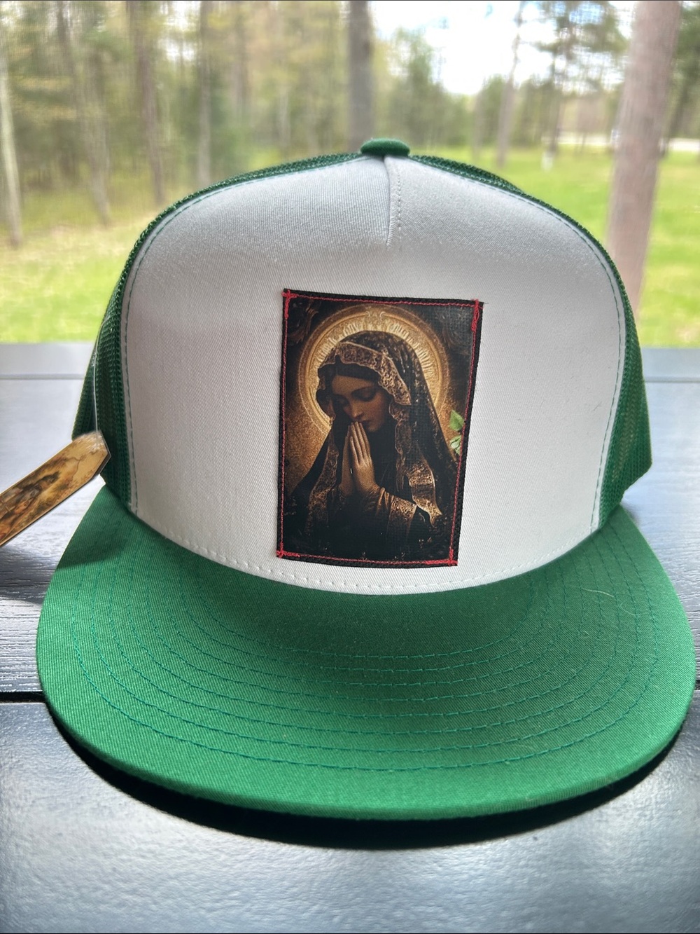 Moses Creations  Unisex Green Mother Mary Patch Trucker Hat, NEW